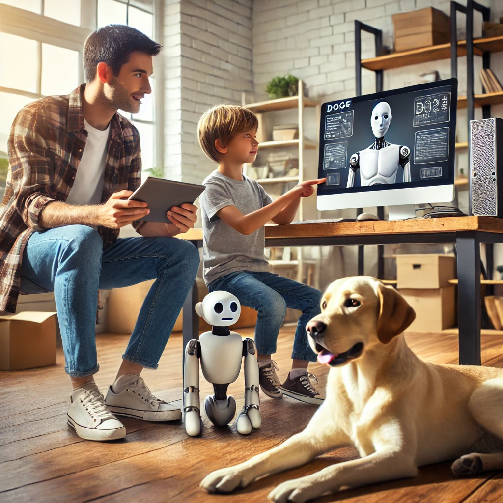 DALL·E 2025-08-29 07.10.48 – A highly realistic photograph of a father and son learning artificial intelligence together. They are sitting at a desk with a desktop computer and ta