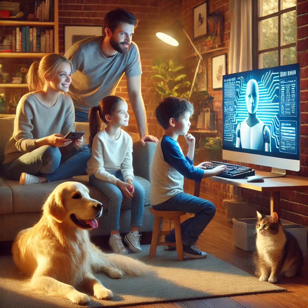 DALL·E 2025-08-29 07.11.19 – A highly realistic photograph of a family (mother, father, son, daughter) learning artificial intelligence together around a large computer in the liv